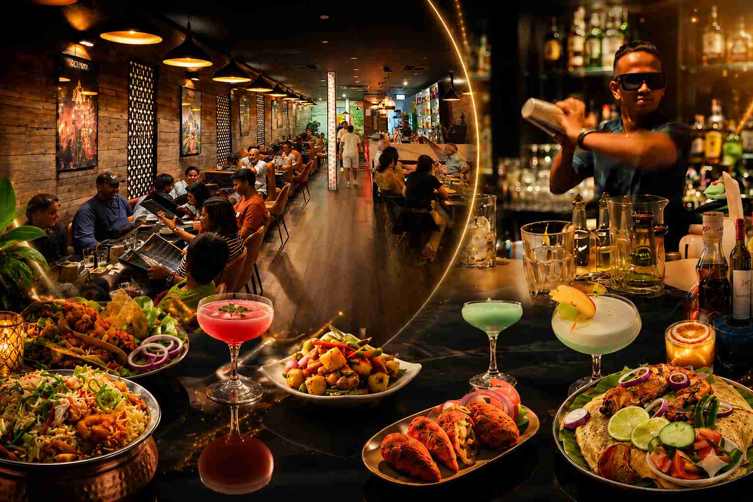 Ceylonia dining room, cocktails, Sri Lankan dishes and bartender